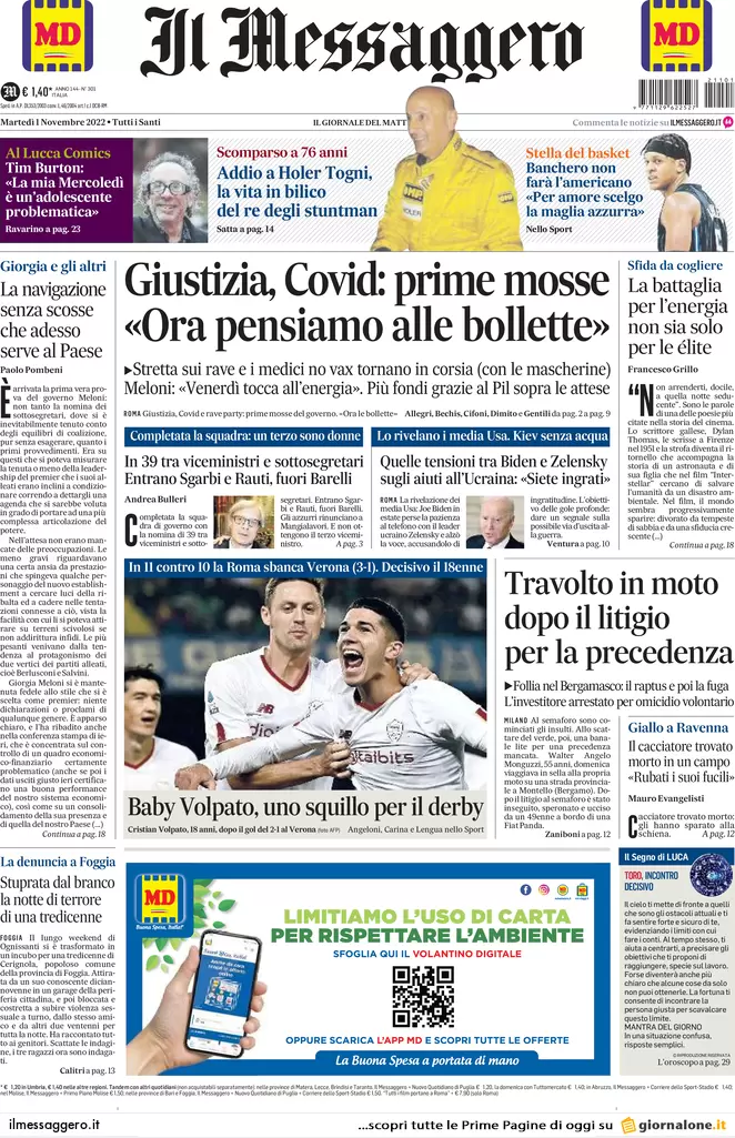 Prime pagine giornali 1 novembre 2022. Foggia, tredicenne stuprata dal branco