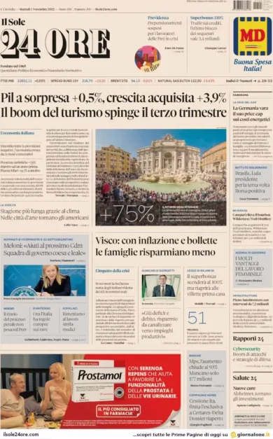 Prime pagine giornali economici 1 novembre. Il Superbonus scenderà al 100%