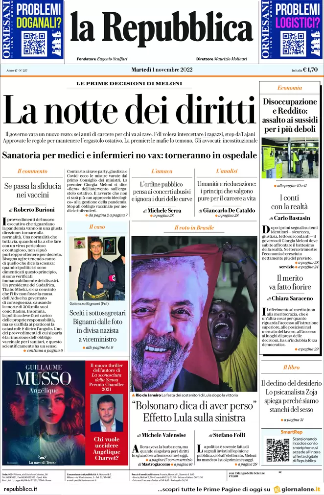 Prime pagine giornali 1 novembre 2022. Foggia, tredicenne stuprata dal branco