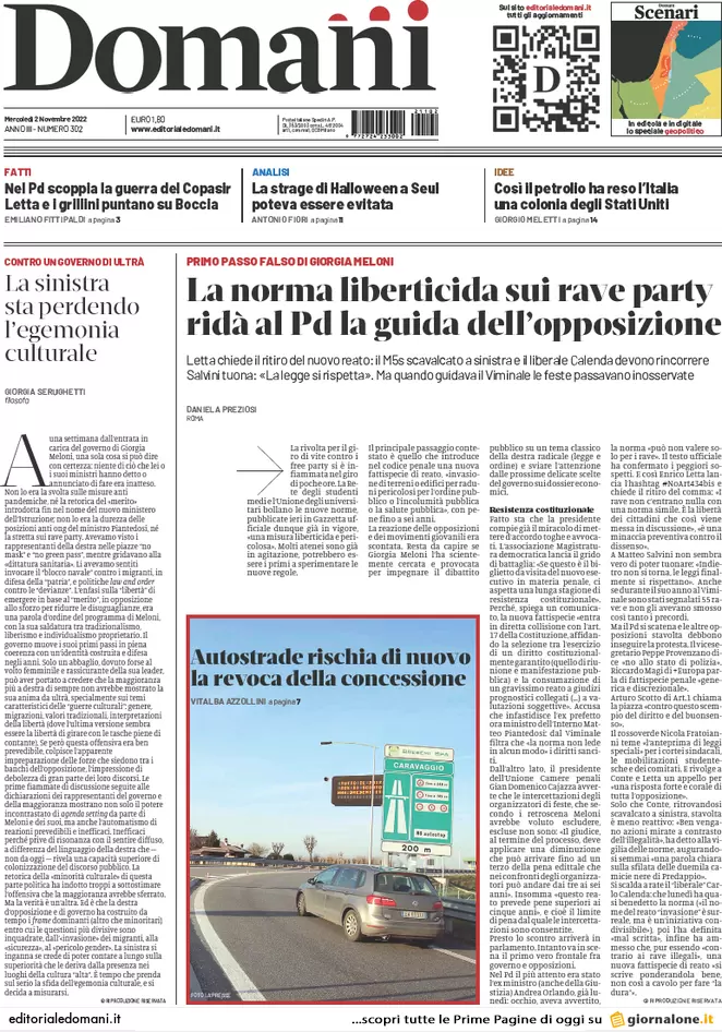 Prime pagine giornali 2 novembre 2022. Addio ai Navigator: “Niente proroga” Prime pagine giornali 2 novembre 2022. Addio ai Navigator: “Niente proroga”