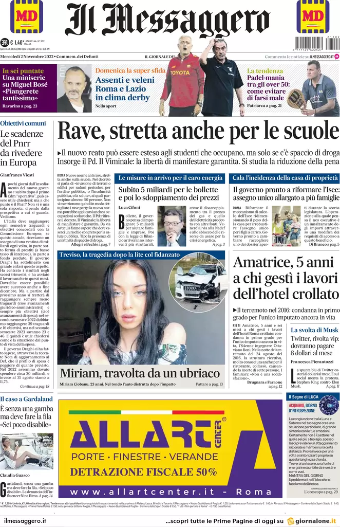 Prime pagine giornali 2 novembre 2022. Addio ai Navigator: “Niente proroga” Prime pagine giornali 2 novembre 2022. Addio ai Navigator: “Niente proroga”
