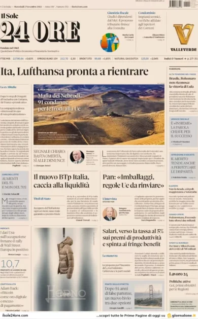 Prime pagine giornali economici 2 novembre. Manovra, il tesoretto sale a 20mld