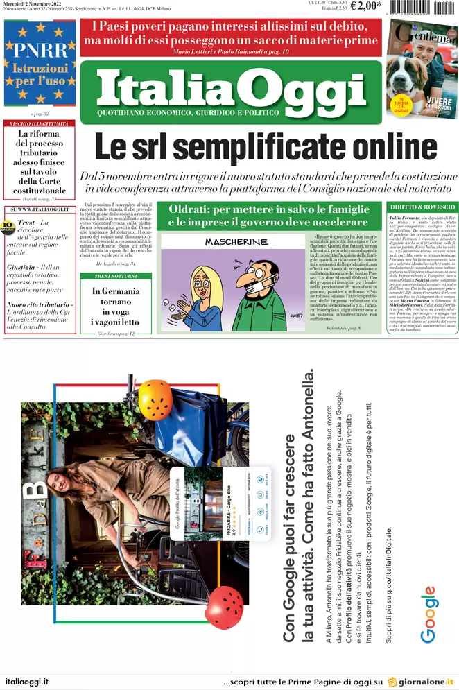 Prime pagine giornali economici 2 novembre. Manovra, il tesoretto sale a 20mld