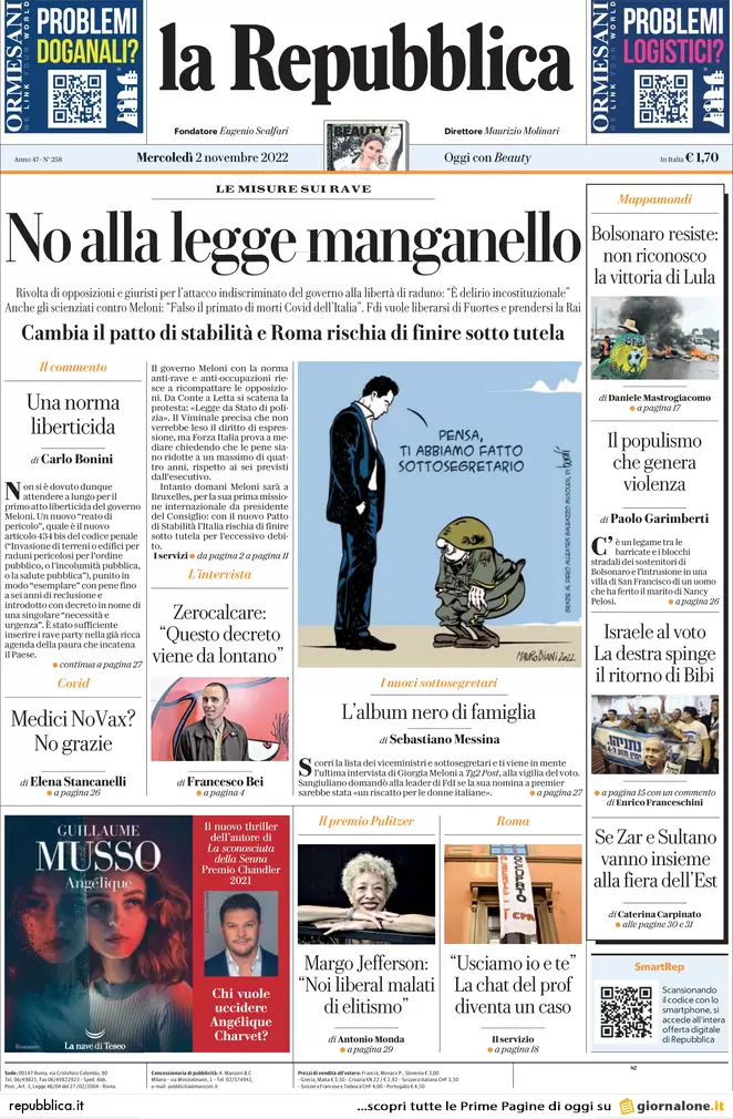Prime pagine giornali 2 novembre 2022. Addio ai Navigator: “Niente proroga” Prime pagine giornali 2 novembre 2022. Addio ai Navigator: “Niente proroga”