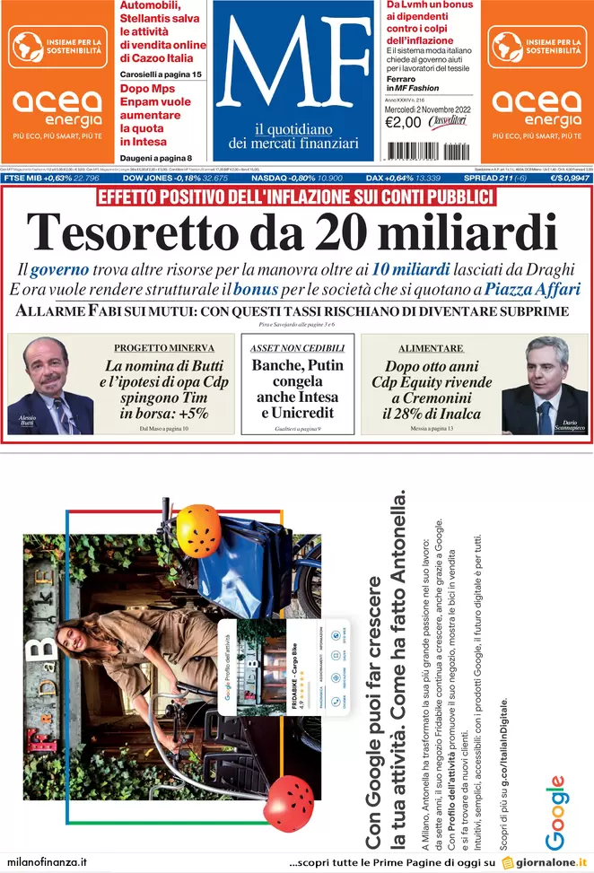 Prime pagine giornali economici 2 novembre. Manovra, il tesoretto sale a 20mld