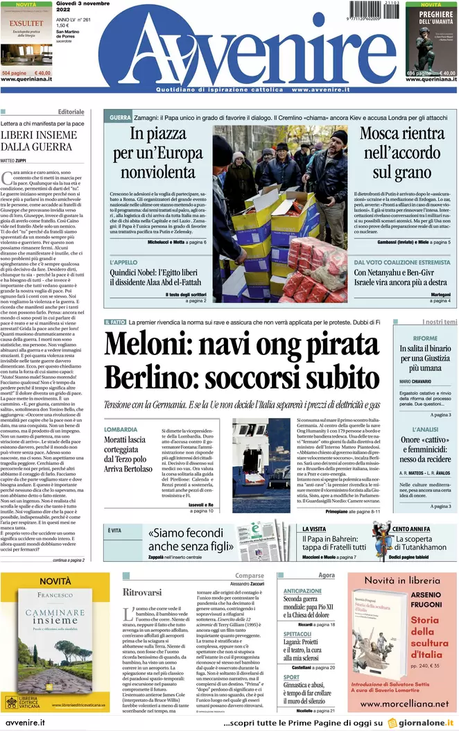 Prime pagine giornali 3 novembre 2022. Bollette, piano dell’Italia da 10 mld