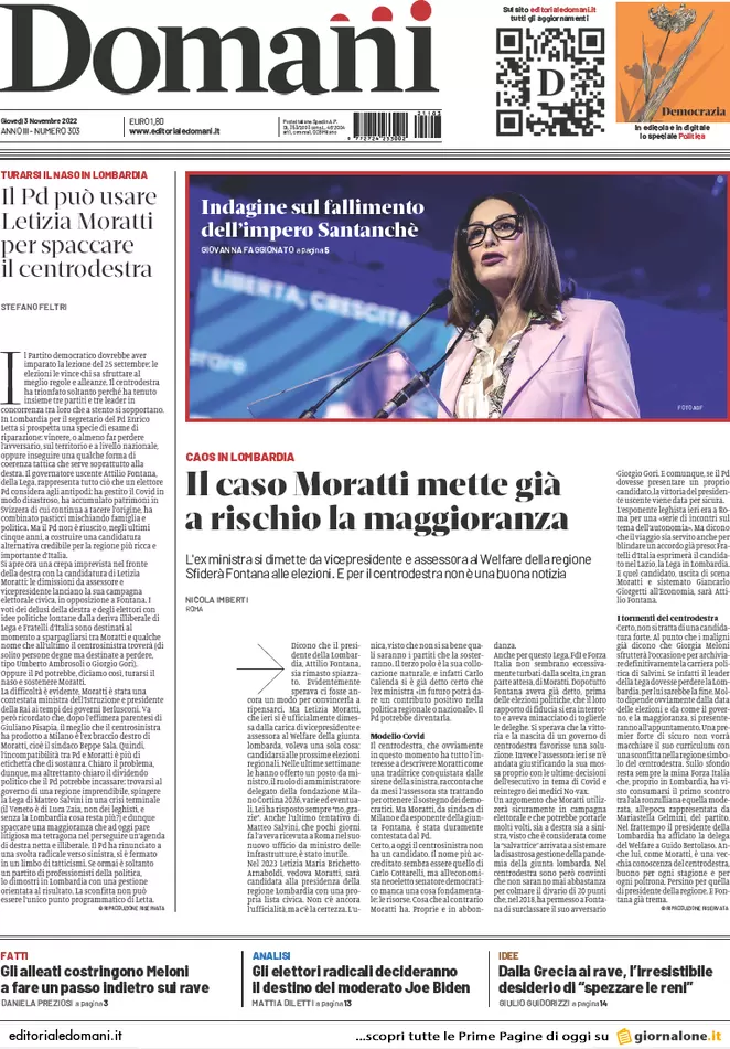 Prime pagine giornali 3 novembre 2022. Bollette, piano dell’Italia da 10 mld