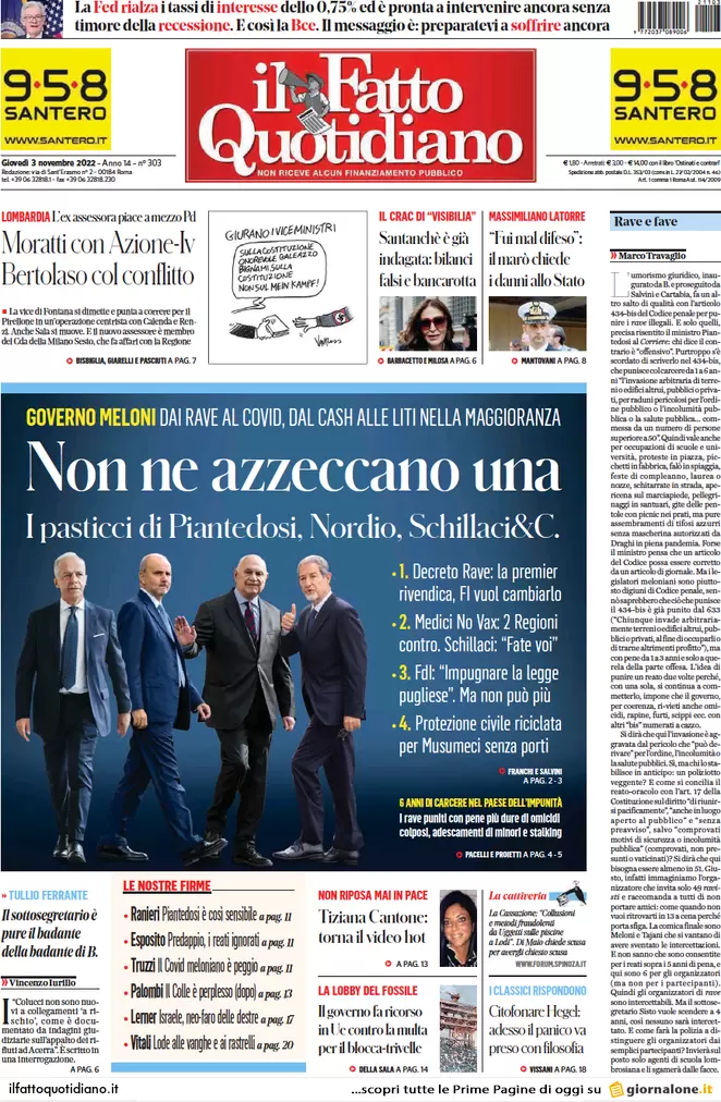 Prime pagine giornali 3 novembre 2022. Bollette, piano dell’Italia da 10 mld