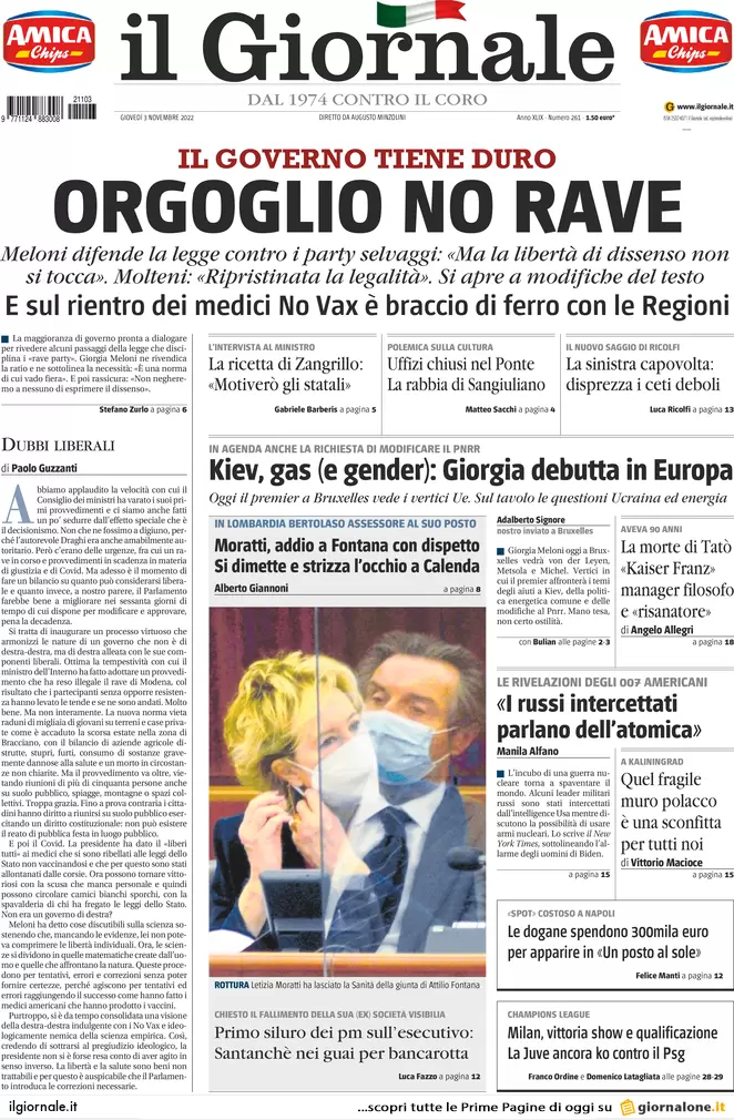 Prime pagine giornali 3 novembre 2022. Bollette, piano dell’Italia da 10 mld