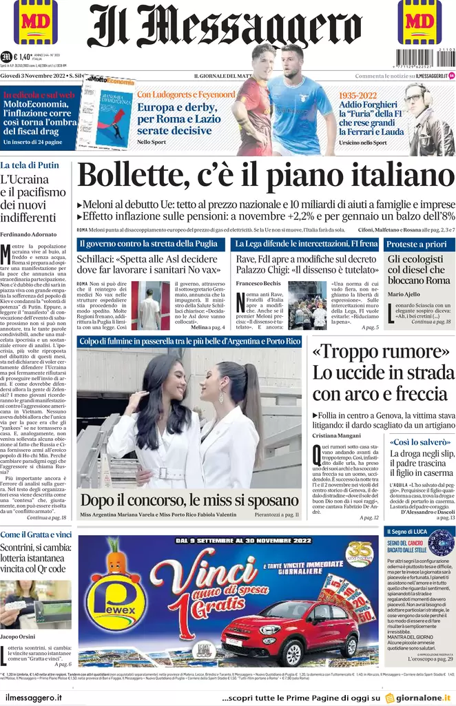Prime pagine giornali 3 novembre 2022. Bollette, piano dell’Italia da 10 mld