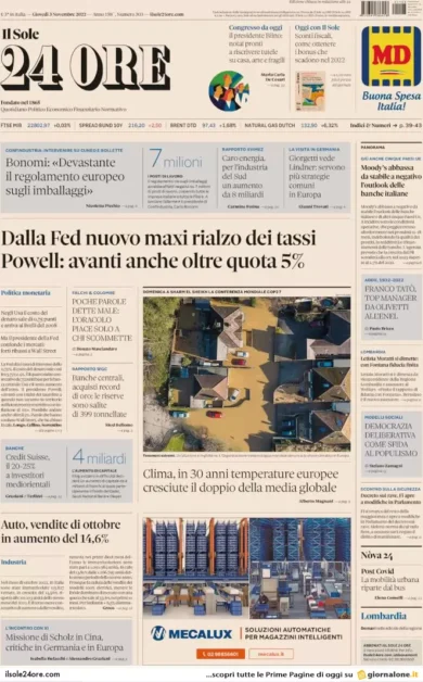 Prime pagine giornali economici 3 novembre. Auto, vendite di ottobre: +14,6%