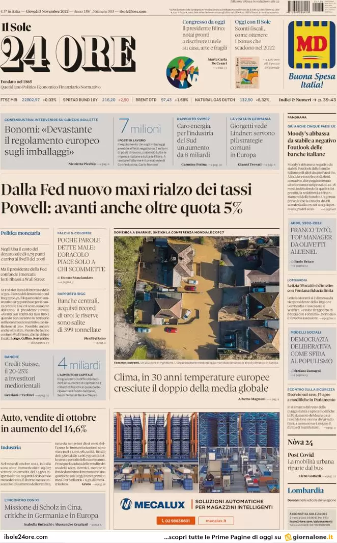 Prime pagine giornali economici 3 novembre. Auto, vendite di ottobre: +14,6% Prime pagine giornali economici 3 novembre. Auto, vendite di ottobre: +14,6%