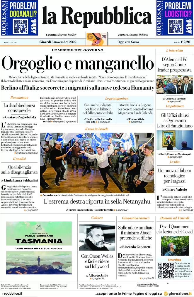 Prime pagine giornali 3 novembre 2022. Bollette, piano dell’Italia da 10 mld