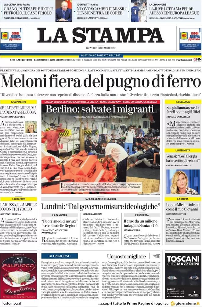 Prime pagine giornali 3 novembre 2022. Bollette, piano dell’Italia da 10 mld