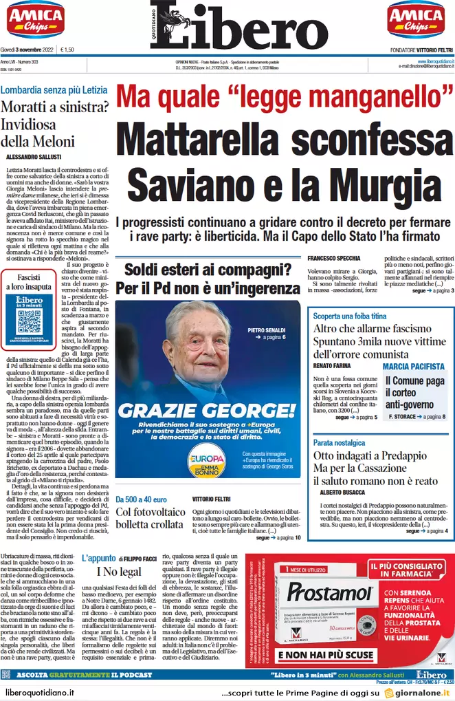 Prime pagine giornali 3 novembre 2022. Bollette, piano dell’Italia da 10 mld
