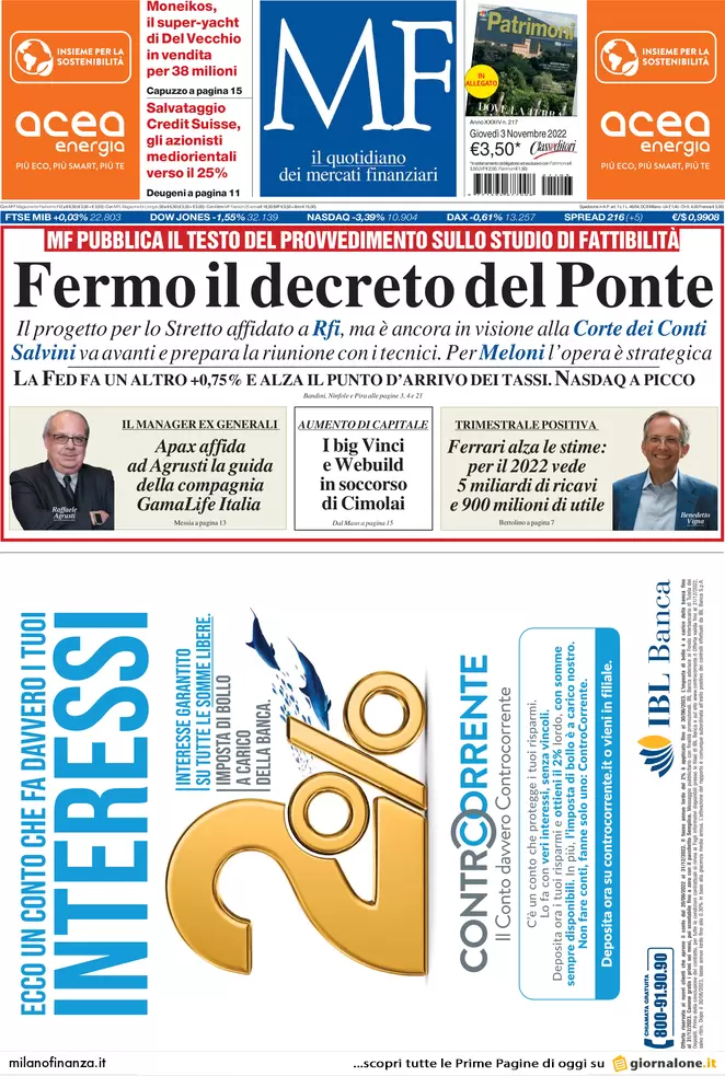 Prime pagine giornali economici 3 novembre. Auto, vendite di ottobre: +14,6% Prime pagine giornali economici 3 novembre. Auto, vendite di ottobre: +14,6%
