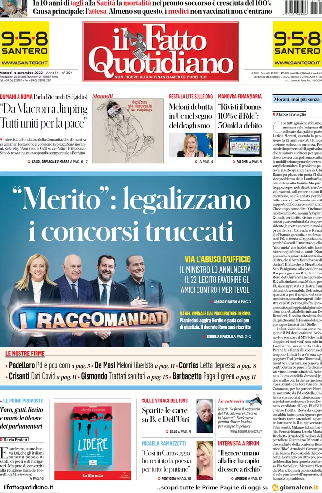 Prime pagine giornali 4 novembre 2022. Dietrofront sui no-vax, multe in arrivo