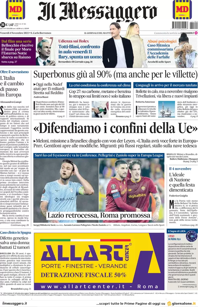 Prime pagine giornali 4 novembre 2022. Dietrofront sui no-vax, multe in arrivo