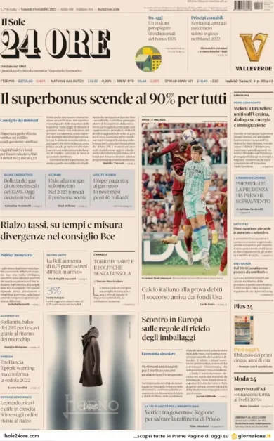 Prime pagine giornali economici 4 novembre. Bollette, a novembre nuovi aumenti