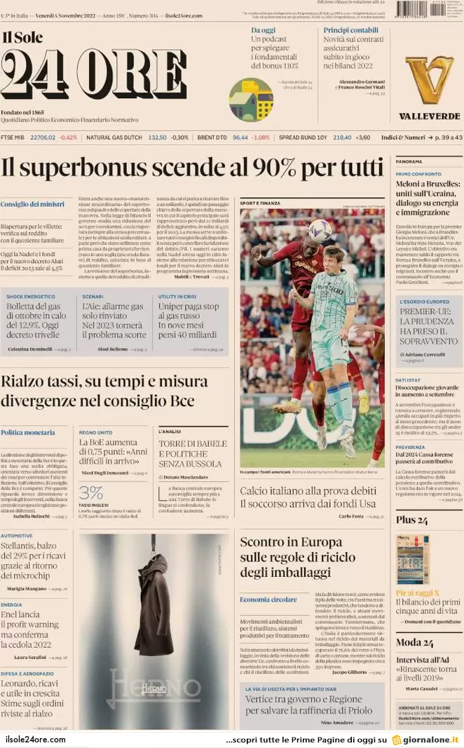Prime pagine giornali economici 4 novembre. Bollette, a novembre nuovi aumenti Prime pagine giornali economici 4 novembre. Bollette, a novembre nuovi aumenti