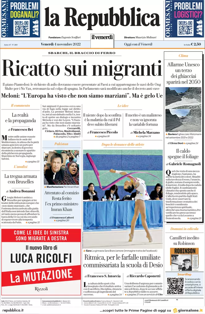 Prime pagine giornali 4 novembre 2022. Dietrofront sui no-vax, multe in arrivo