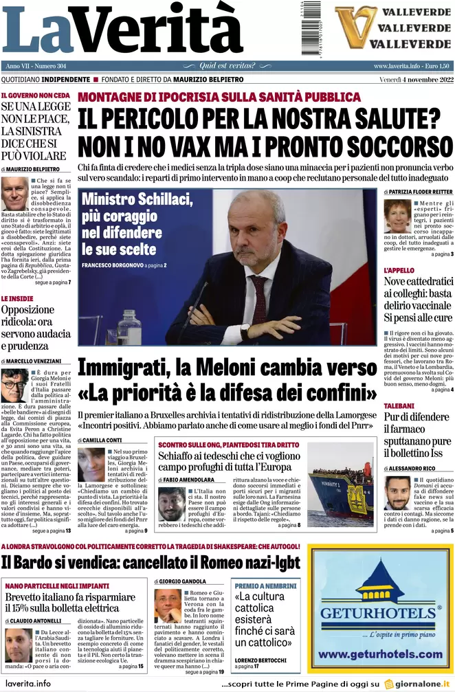 Prime pagine giornali 4 novembre 2022. Dietrofront sui no-vax, multe in arrivo