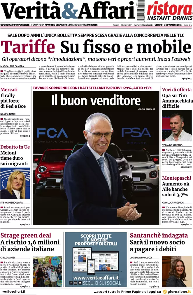 Prime pagine giornali economici 4 novembre. Bollette, a novembre nuovi aumenti Prime pagine giornali economici 4 novembre. Bollette, a novembre nuovi aumenti
