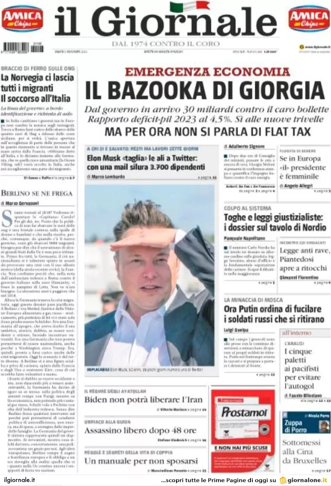 Prime pagine giornali 5 novembre 2022. Il nodo delle navi Ong e bazooka Meloni