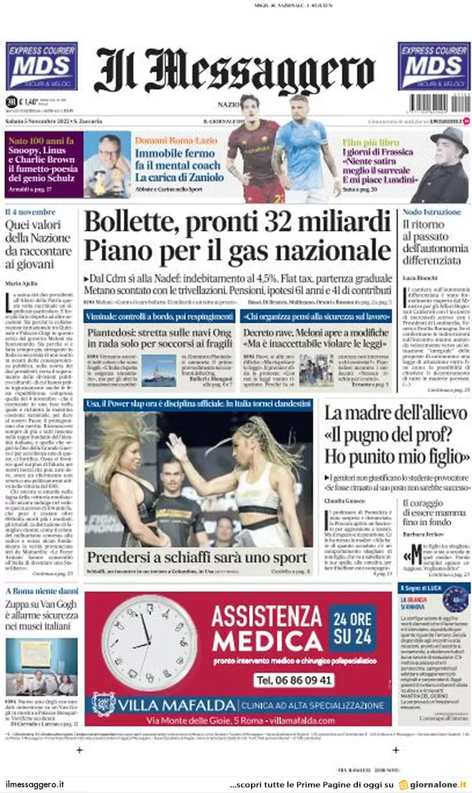 Prime pagine giornali 5 novembre 2022. Il nodo delle navi Ong e bazooka Meloni
