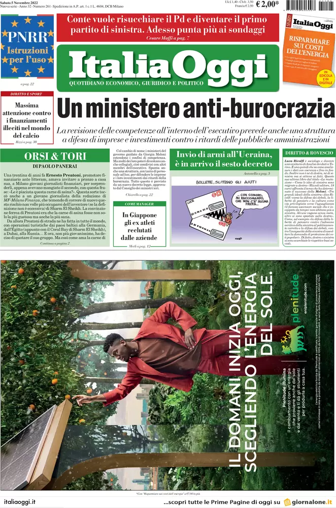 Prime pagine giornali economici 5 novembre. Un ministero anti burocrazia Prime pagine giornali economici 5 novembre. Un ministero anti burocrazia