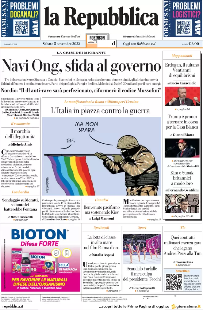 Prime pagine giornali 5 novembre 2022. Il nodo delle navi Ong e bazooka Meloni