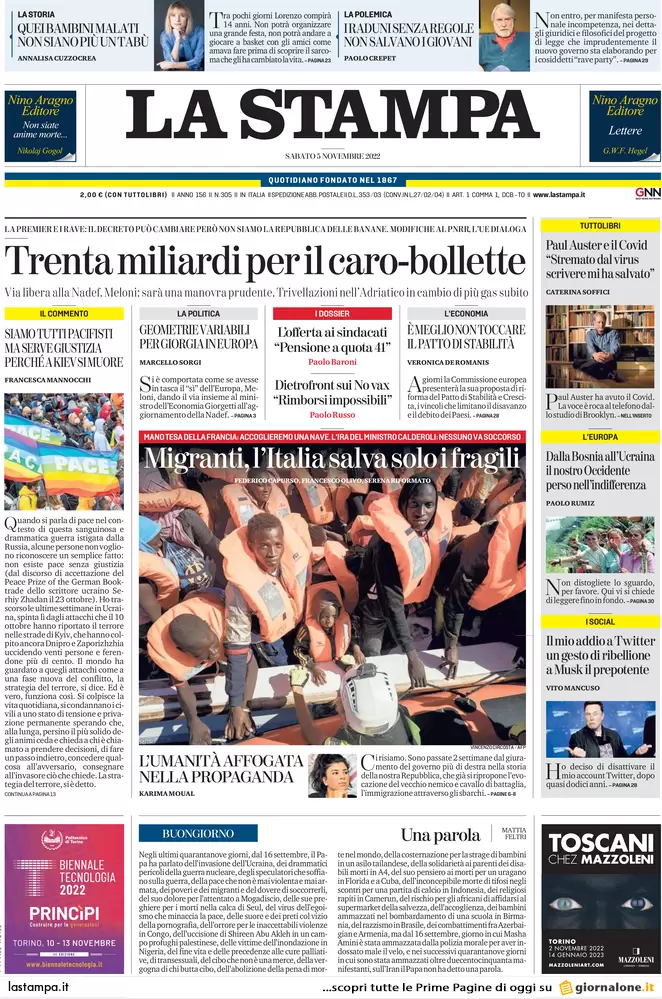 Prime pagine giornali 5 novembre 2022. Il nodo delle navi Ong e bazooka Meloni