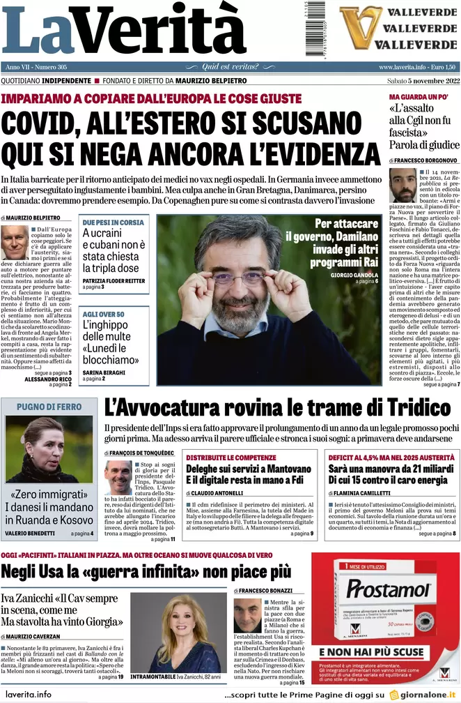 Prime pagine giornali 5 novembre 2022. Il nodo delle navi Ong e bazooka Meloni