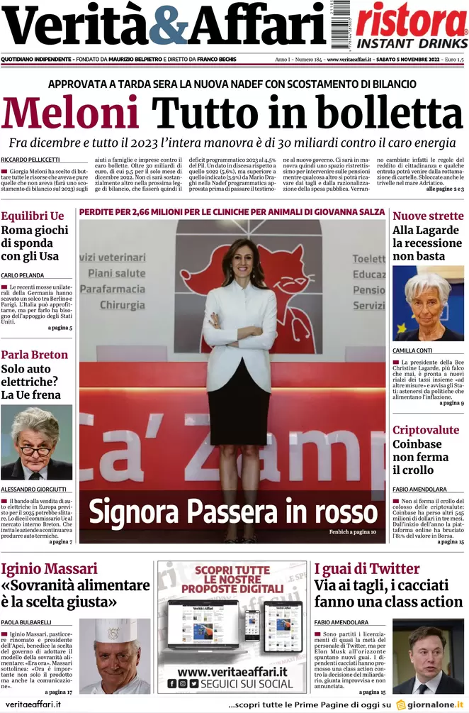 Prime pagine giornali economici 5 novembre. Un ministero anti burocrazia Prime pagine giornali economici 5 novembre. Un ministero anti burocrazia