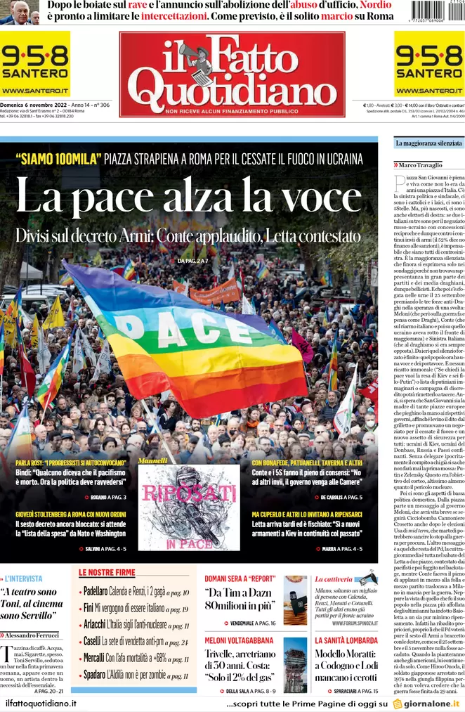Prime pagine giornali 6 novembre 2022. Sulla guerra divisioni tra i pacifisti