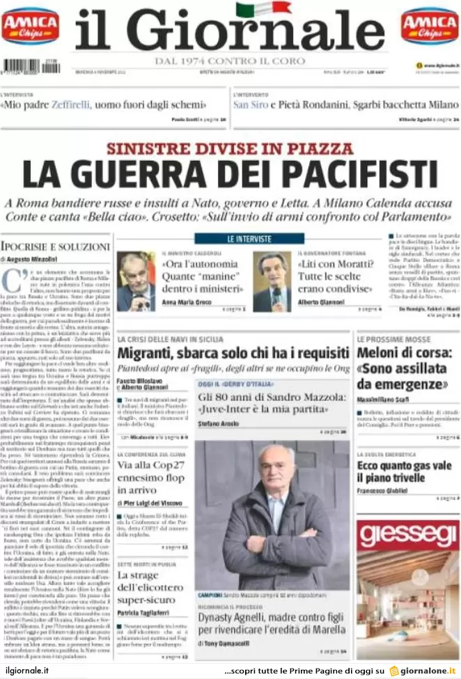 Prime pagine giornali 6 novembre 2022. Sulla guerra divisioni tra i pacifisti