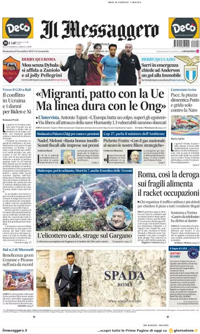 Prime pagine giornali 6 novembre 2022. Sulla guerra divisioni tra i pacifisti