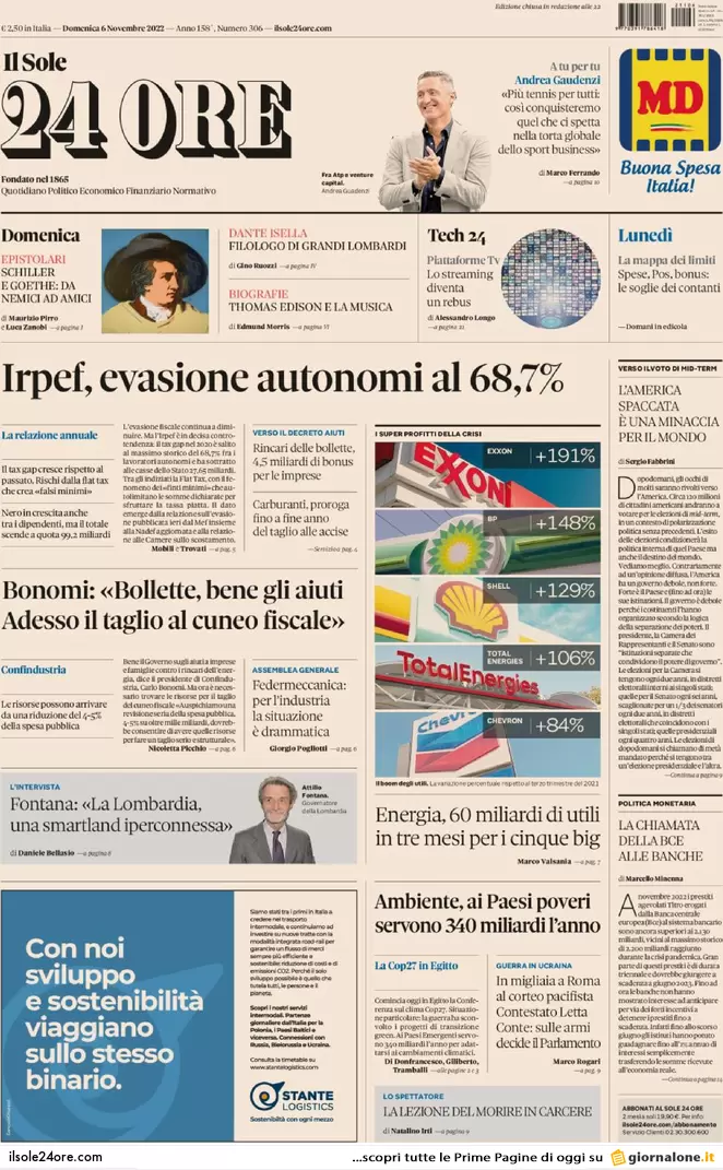 Prime pagine giornali economici 6 novembre. Irpef, evasione boom tra autonomi Prime pagine giornali economici 6 novembre. Irpef, evasione boom tra autonomi