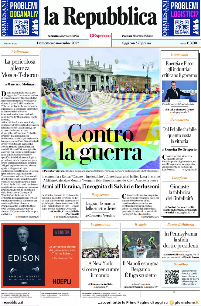 Prime pagine giornali 6 novembre 2022. Sulla guerra divisioni tra i pacifisti