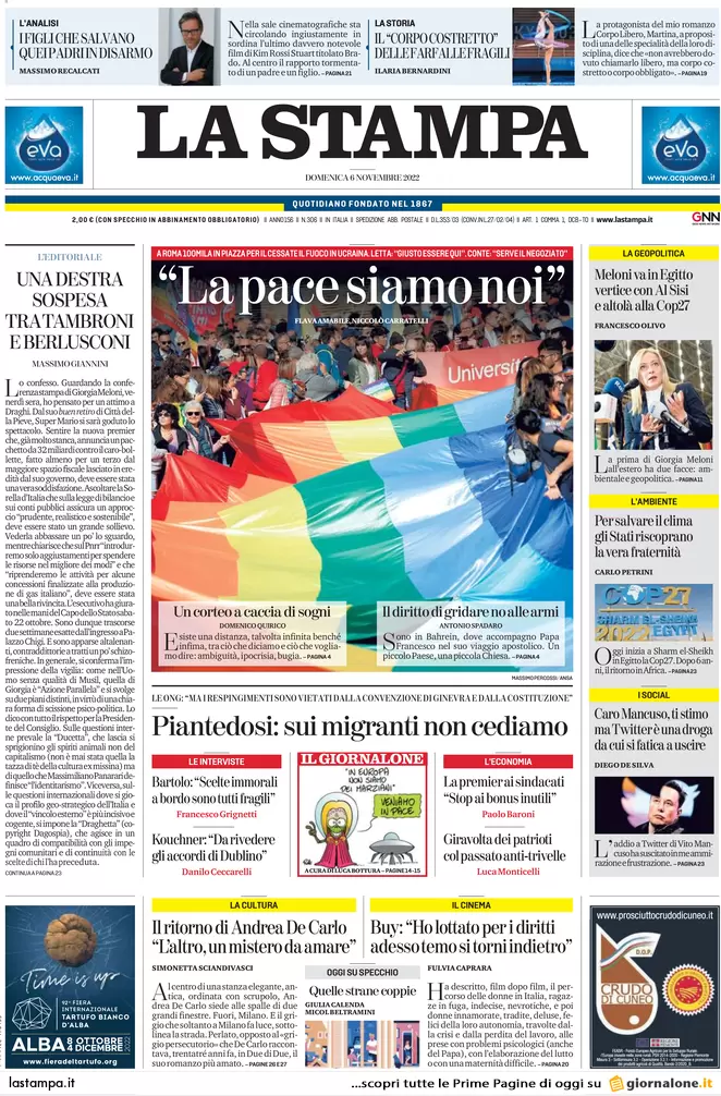 Prime pagine giornali 6 novembre 2022. Sulla guerra divisioni tra i pacifisti