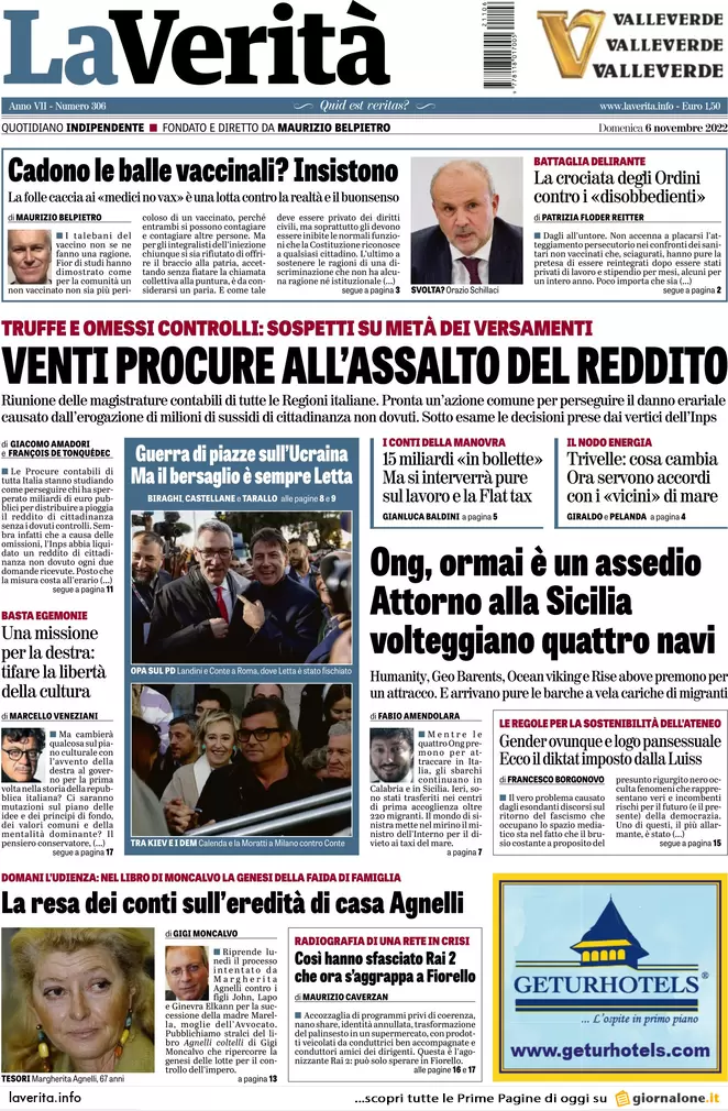 Prime pagine giornali 6 novembre 2022. Sulla guerra divisioni tra i pacifisti