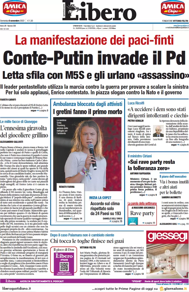 Prime pagine giornali 6 novembre 2022. Sulla guerra divisioni tra i pacifisti