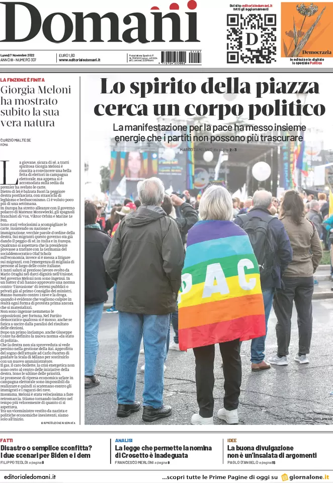 Prime pagine giornali 7 novembre 2022. Migranti, Papa: “L’Ue aiuti l’Italia”