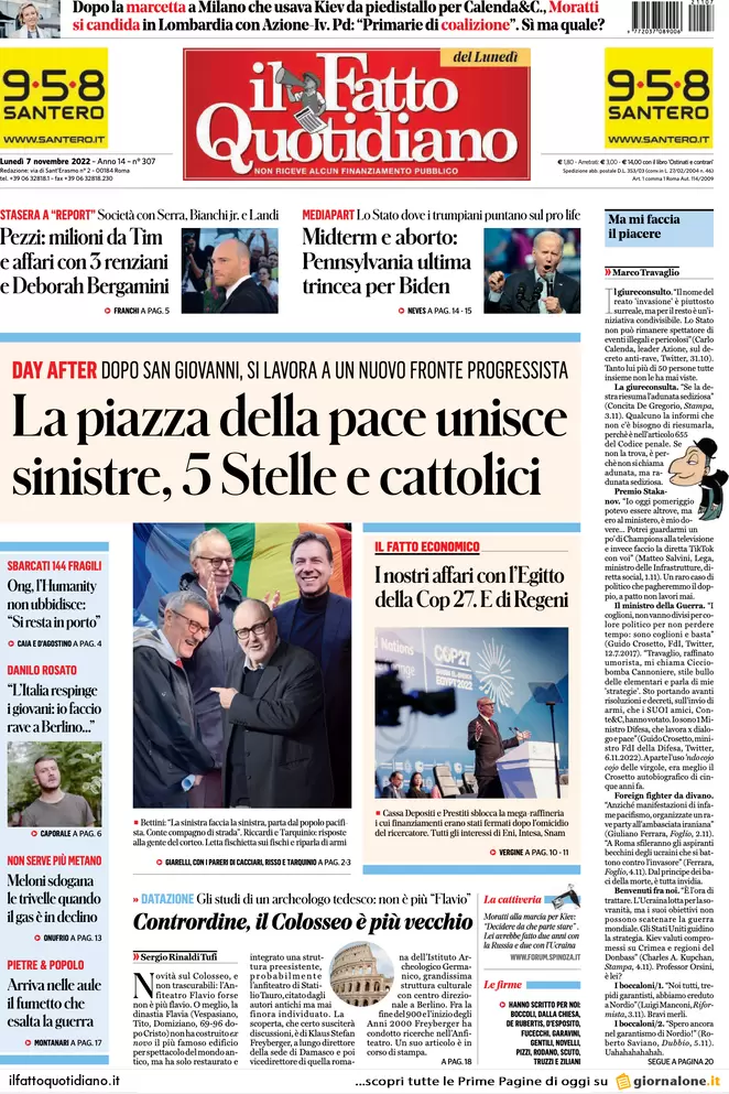 Prime pagine giornali 7 novembre 2022. Migranti, Papa: “L’Ue aiuti l’Italia”