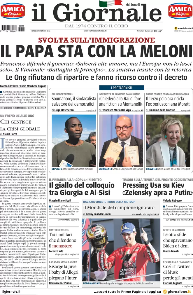 Prime pagine giornali 7 novembre 2022. Migranti, Papa: “L’Ue aiuti l’Italia”