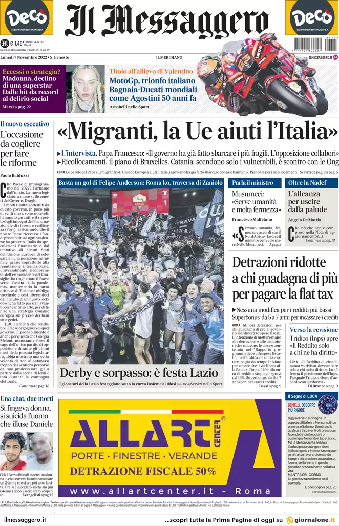 Prime pagine giornali 7 novembre 2022. Migranti, Papa: “L’Ue aiuti l’Italia”