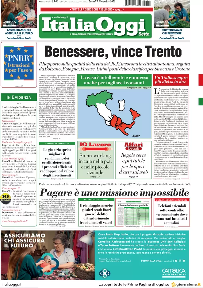 Prime pagine giornali economici 7 novembre. Tetto al contante, verso 10mila €