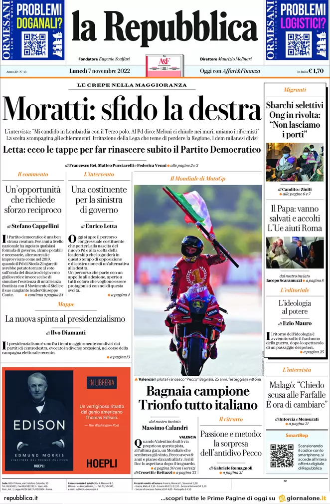 Prime pagine giornali 7 novembre 2022. Migranti, Papa: “L’Ue aiuti l’Italia”