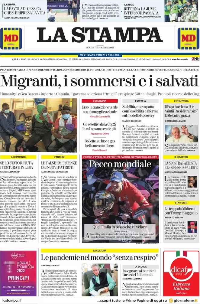 Prime pagine giornali 7 novembre 2022. Migranti, Papa: “L’Ue aiuti l’Italia”
