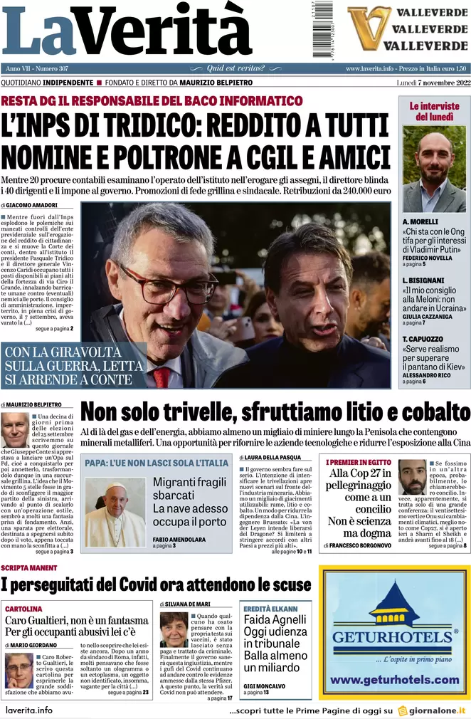 Prime pagine giornali 7 novembre 2022. Migranti, Papa: “L’Ue aiuti l’Italia”